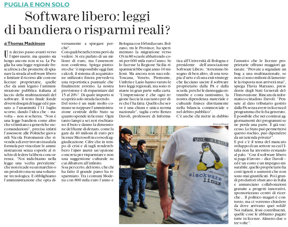Software libero in Puglia 2/2 (dal Fatto del 18 luglio 2012)